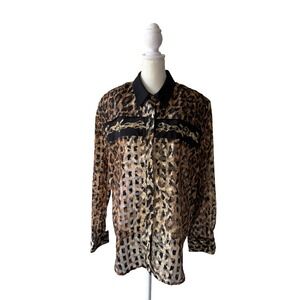 Mesmerize Leopard Print Blouse Size XL Sheer Long Sleeve Button Down Vintage 90s
